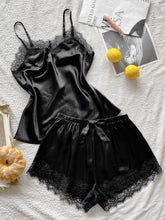 Eyelash Lace Satin Short Sleeve Pajama Set Jacket Set Lingerie